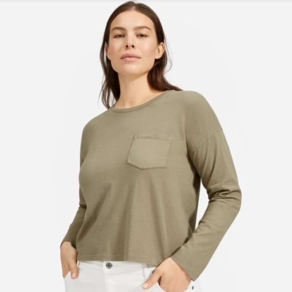 Everlane Long-Sleeve Box-Cut Pocket Tee - Green